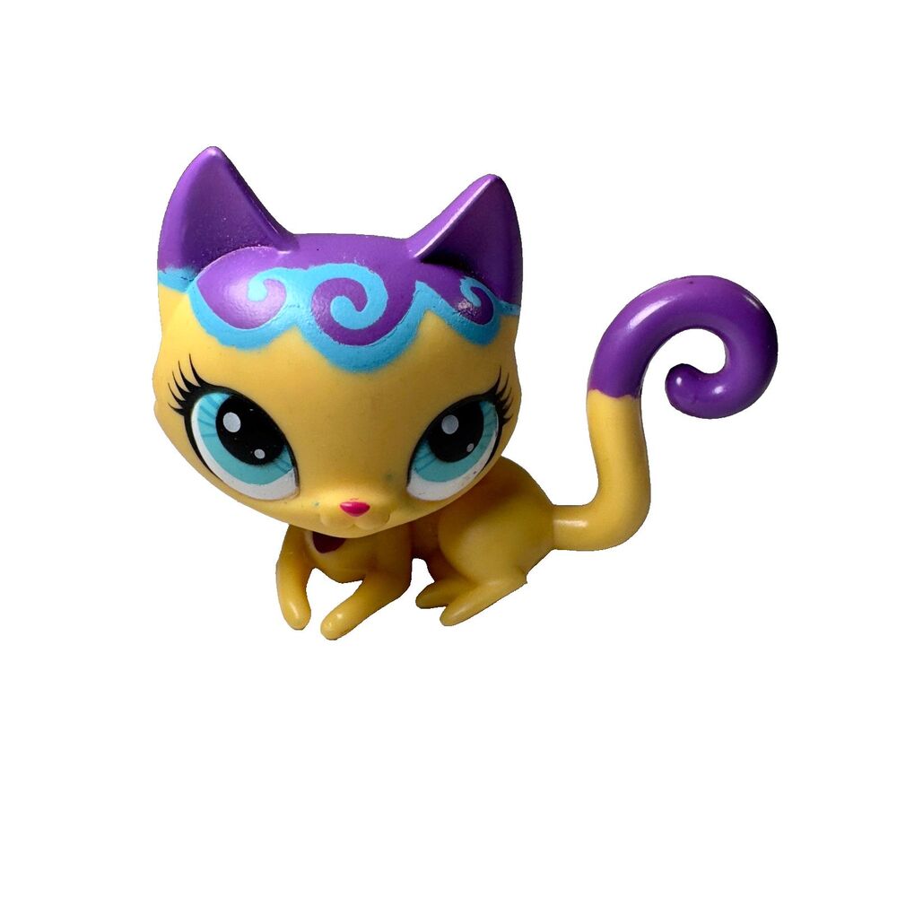 Littlest Pet Shop Cat Yellow Purple Figure Generation 4 Blue Eyes Purple Tail